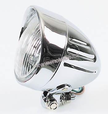 Headlamp BULLET GROOVED, with visor, c.p., bottom mount, E-mark spot light.