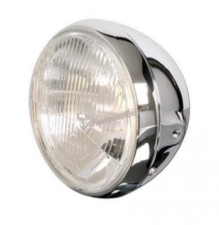 British-Style chrome headlamp 7 inch, H4 insert with patterns on lens, side mount, w. front-position-light, E-mark.